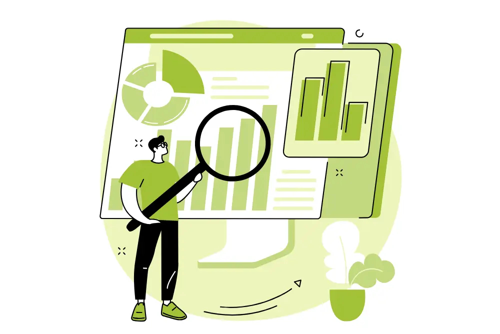 Man holding a magnifying glass looking at digital marketing metrics